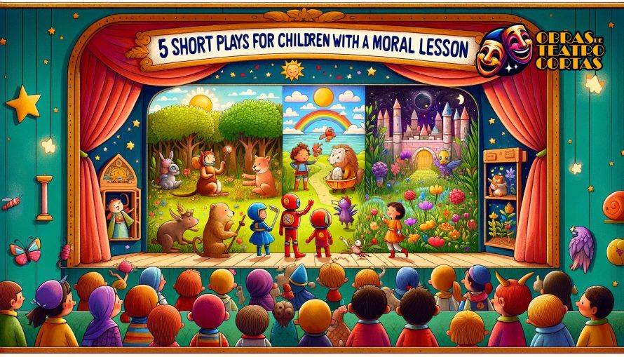 DALL·E 2024 03 14 12.17.22 Imagine a whimsical child friendly scene that encapsulates the essence of 5 short plays for children with a moral lesson without using any text. Th